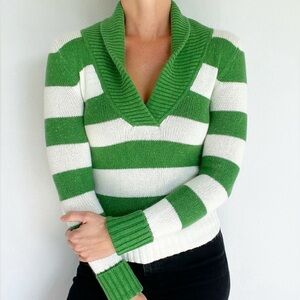 American Eagle Y2K Green White Striped Cable Knit V Neck Collared Sweater Size S
